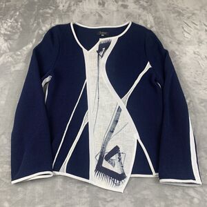 JASKAR Zip Sweater Women's S Navy White Hand‎ Painted Artsy Asymmetrical (0441)